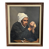 Huile sur toile par M. Dorion 1893 portrait de Bretonne à l'ouvrage