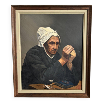 Huile sur toile par M. Dorion 1893 portrait de Bretonne à l'ouvrage