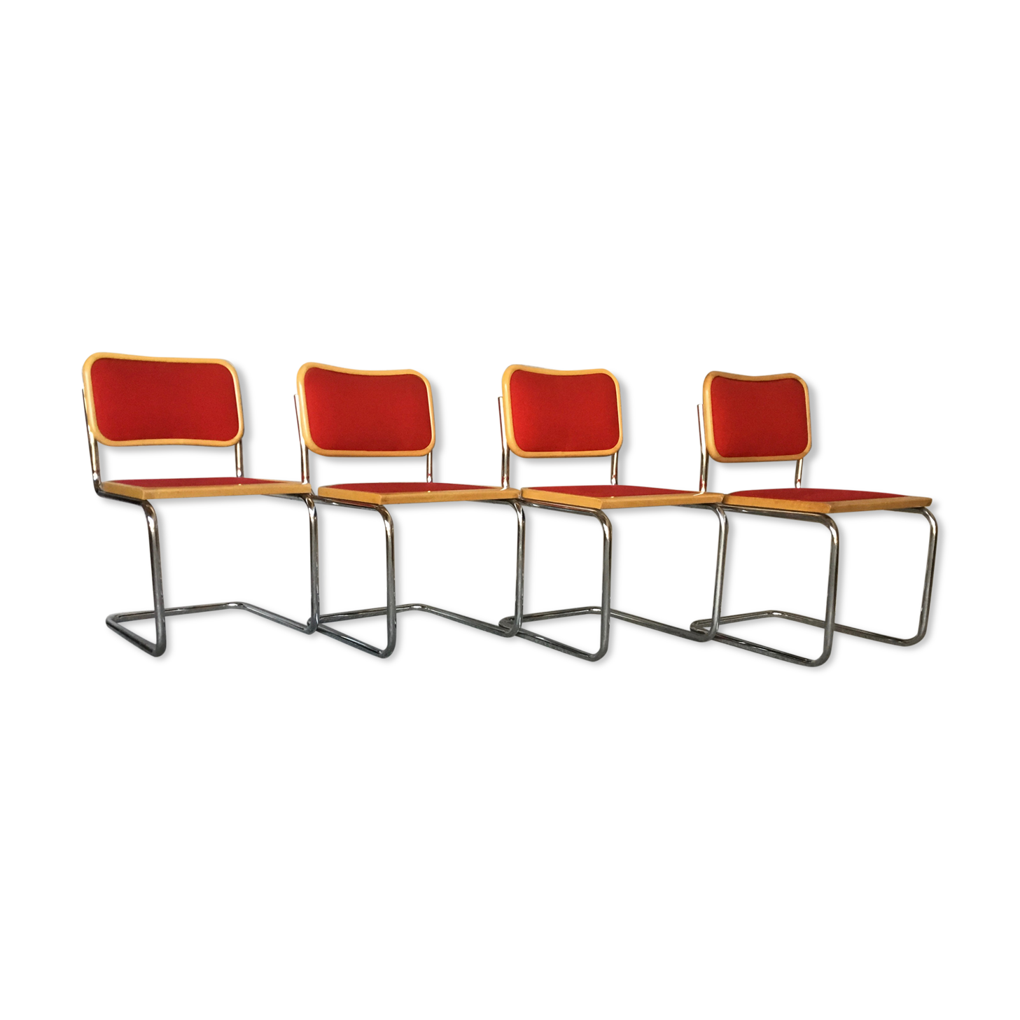 Ensemble de 4 chaises cesca bois et rouge, modèle B32 par Marcel Breuer