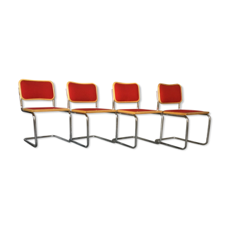 Ensemble de 4 chaises cesca bois et rouge, modèle B32 par Marcel Breuer