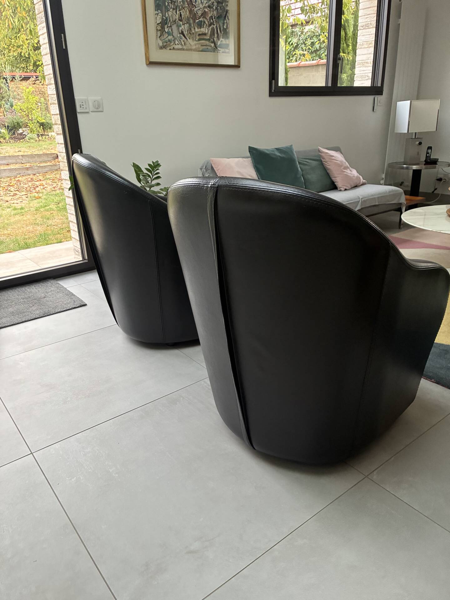 Paire fauteuil cabriolet cuir noir 1990