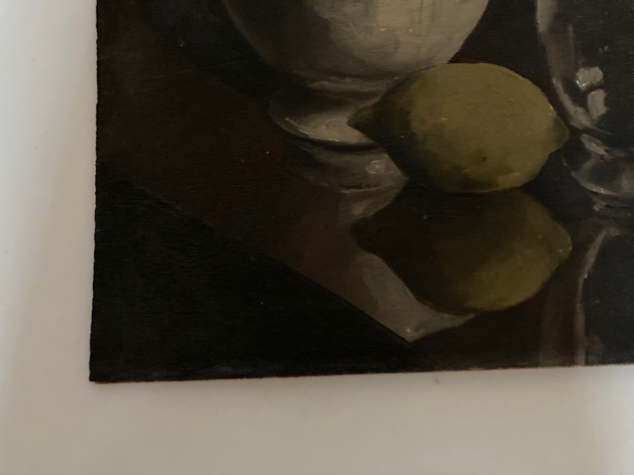 Oil on wood still life with glass bowl and lemon chiaroscuro 1960