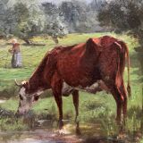 Vaches au pâturage, huile sur toile, tableau ancien