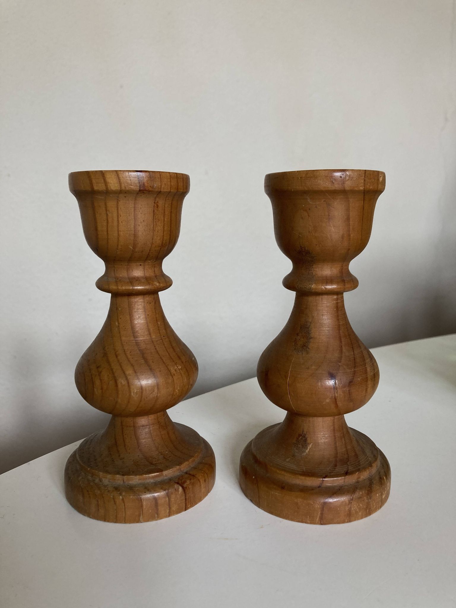Pair of turned wooden baluster candlesticks, Scandinavian 1970s.