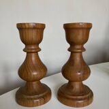 Pair of Scandinavian turned wooden baluster candlesticks 1970