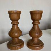 Pair of turned wooden baluster candlesticks, Scandinavian 1970s.