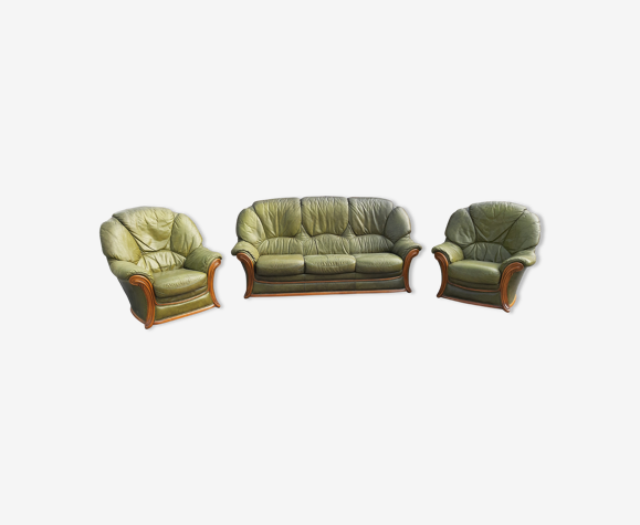 Salon 3 pièces canapé 2 fauteuils en cuir vert et bois