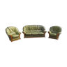 Salon 3 pièces canapé 2 fauteuils en cuir vert et bois