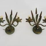 Paire d'appliques murales épis de blé ancienne en métal vert et or