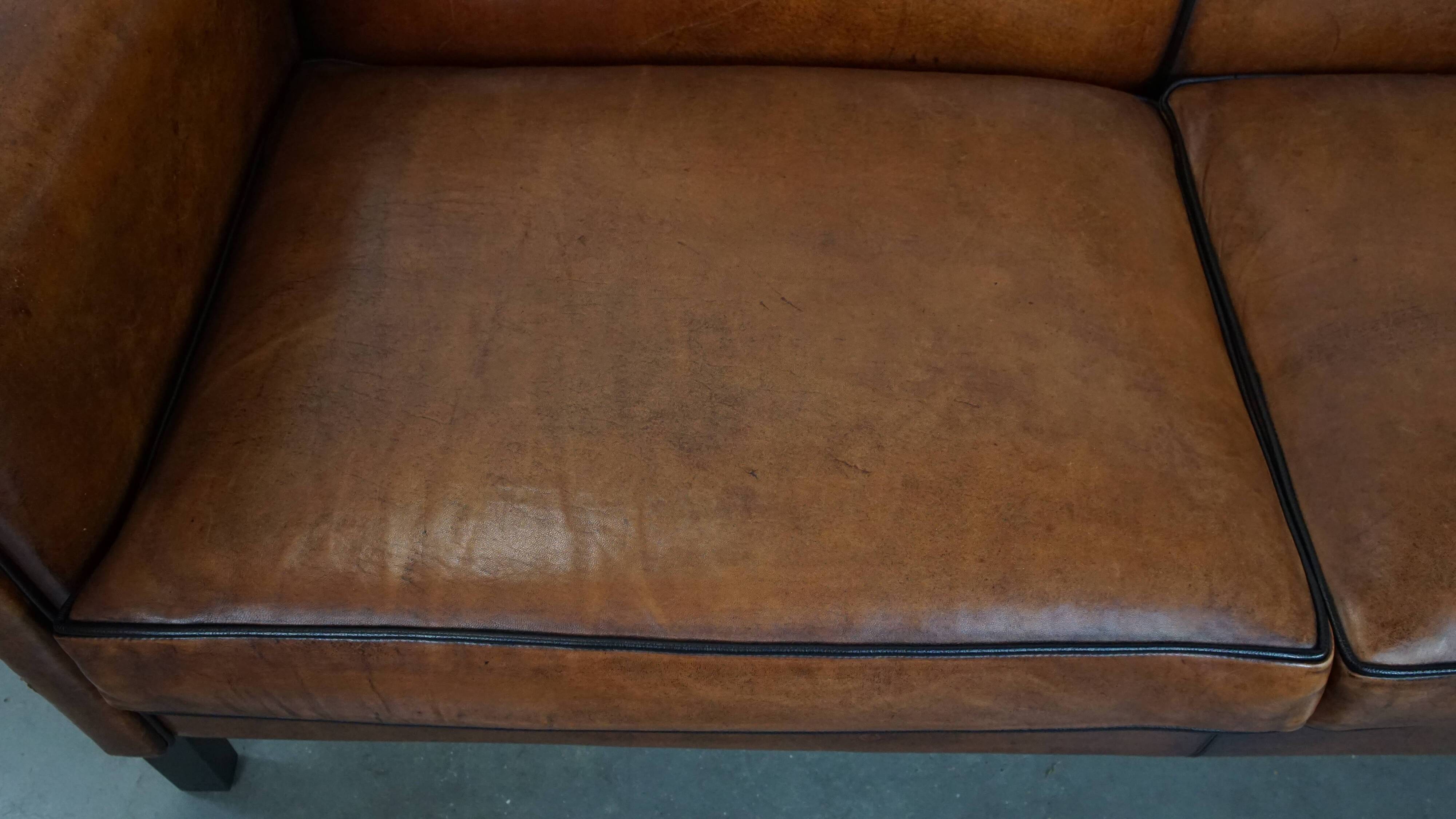 Sheepskin Leather 2-Seater Art Deco Sofa