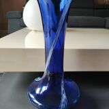 Long flared neck ball vase. Smoked scrolls in cobalt blue art glass, 30cm