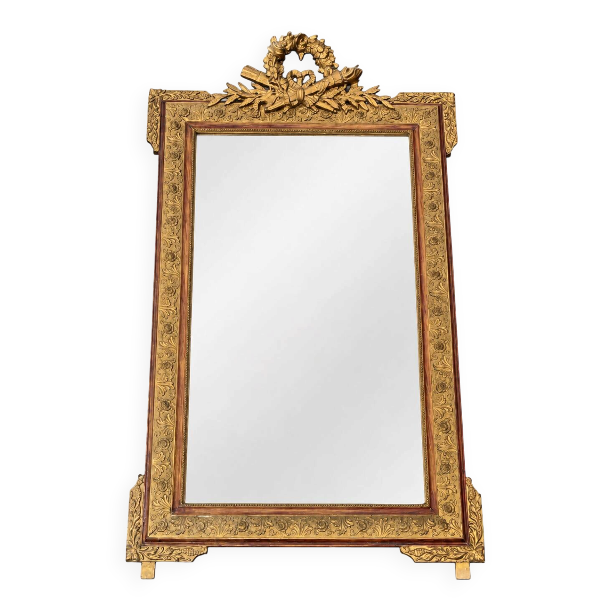 Large gold mirror in Louis XVI style with laurel crown, 121 cm.