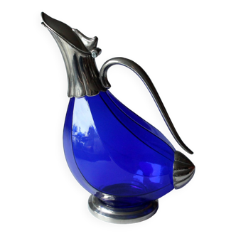 Silver plated metal and glass wine decanter in the shape of a duck, vintage from the 70s
