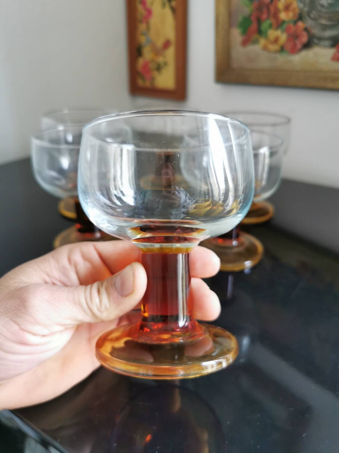 Set of 6 amber stemmed glasses