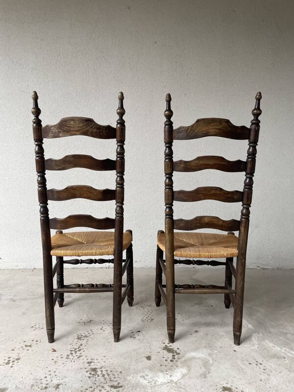 Chaise style campagnard bois massif et paille 1950
