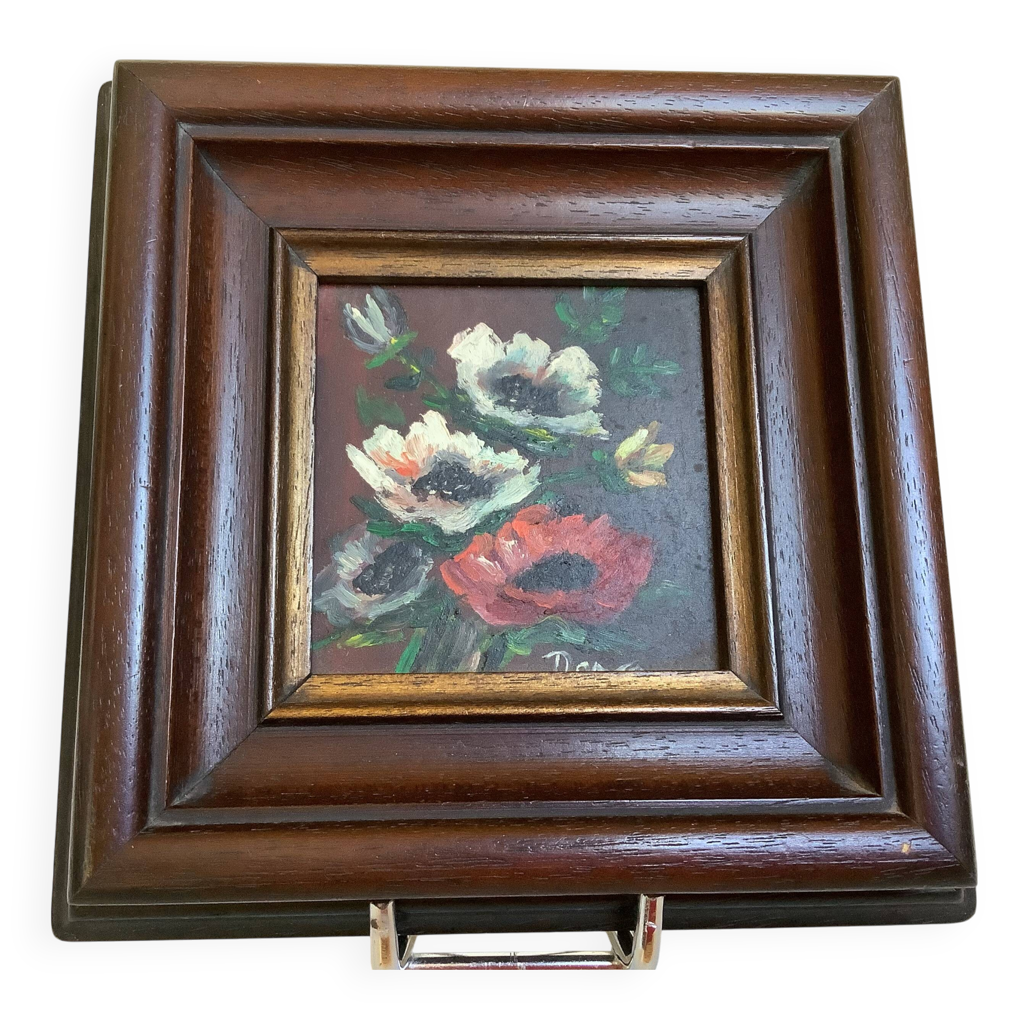 Small painting bouquet of flowers oil on panel signed