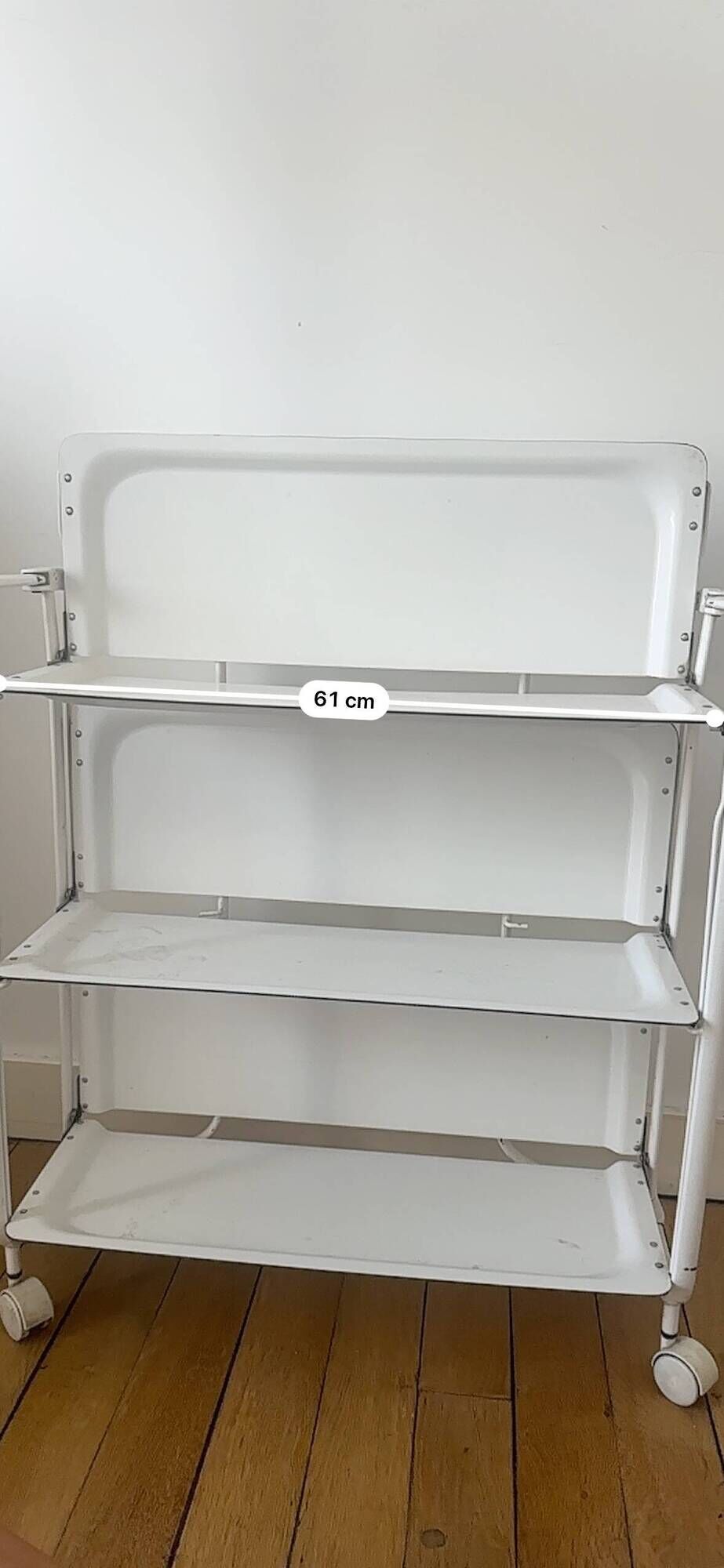 Vintage folding dessert trolley on wheels, 3 white shelves