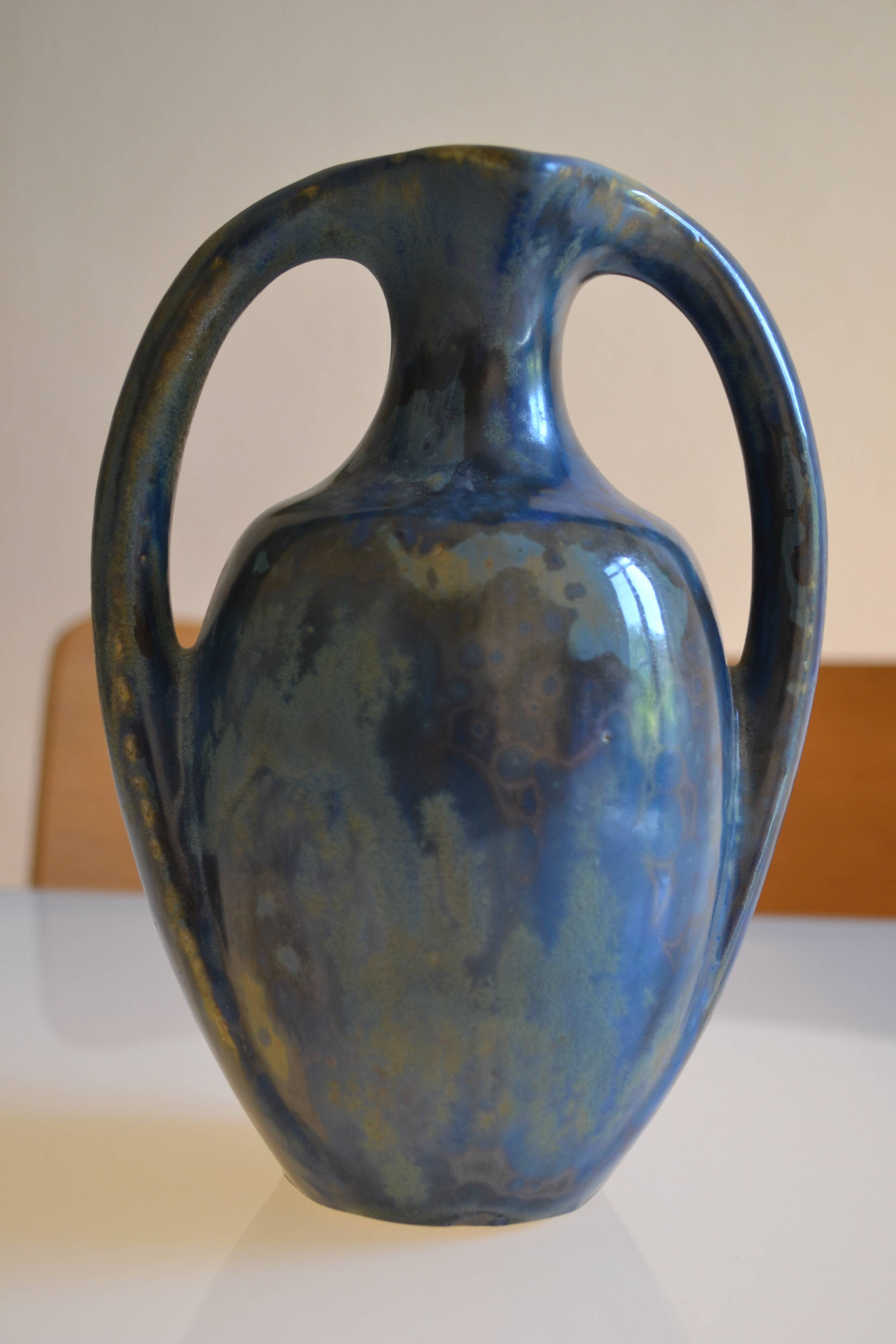 Iridescent Pierrefonds stoneware amphora vase, Art Deco, 1930, signed