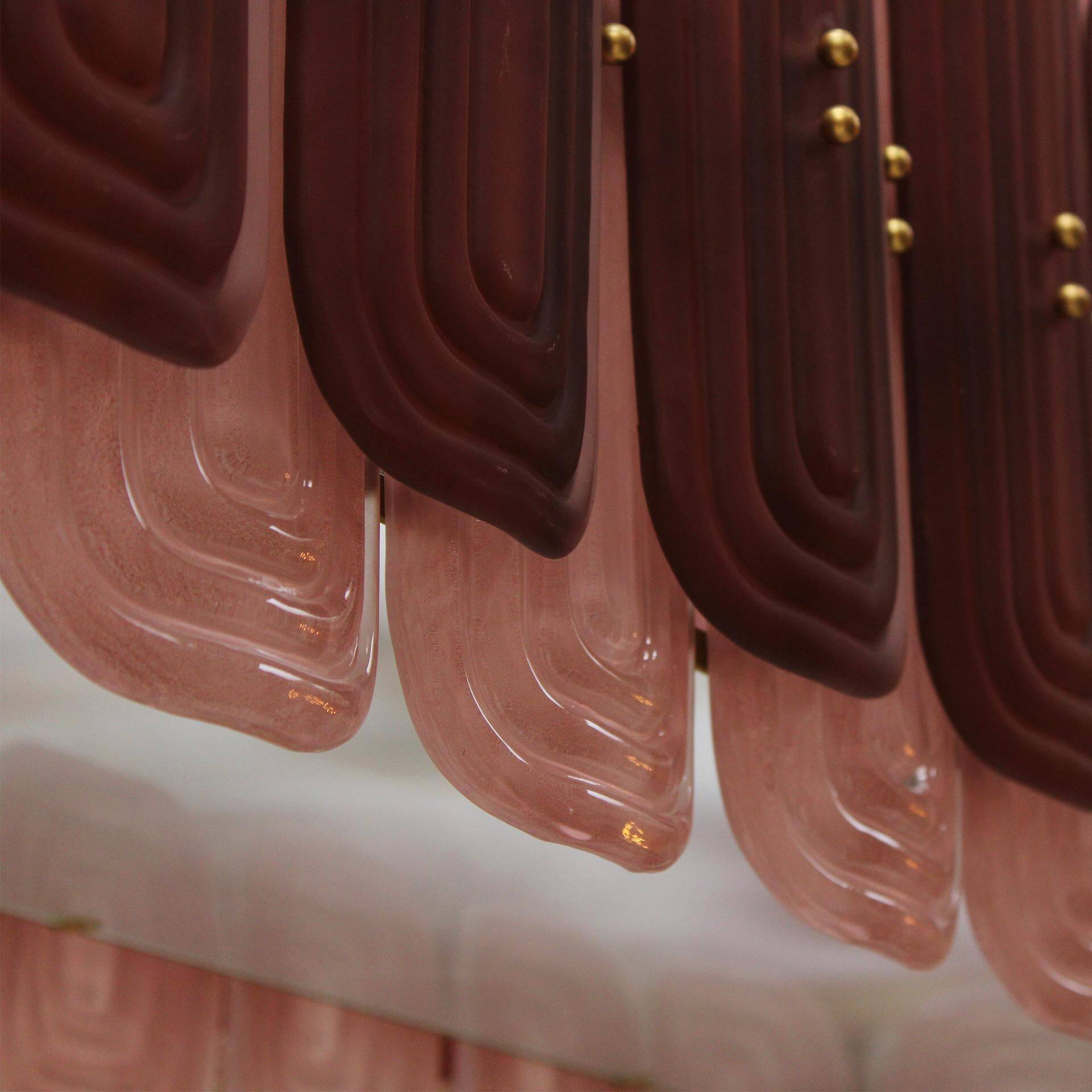 Italian Suspension Lamp with Gold Metal Structure and Red and Pink Murano Glass