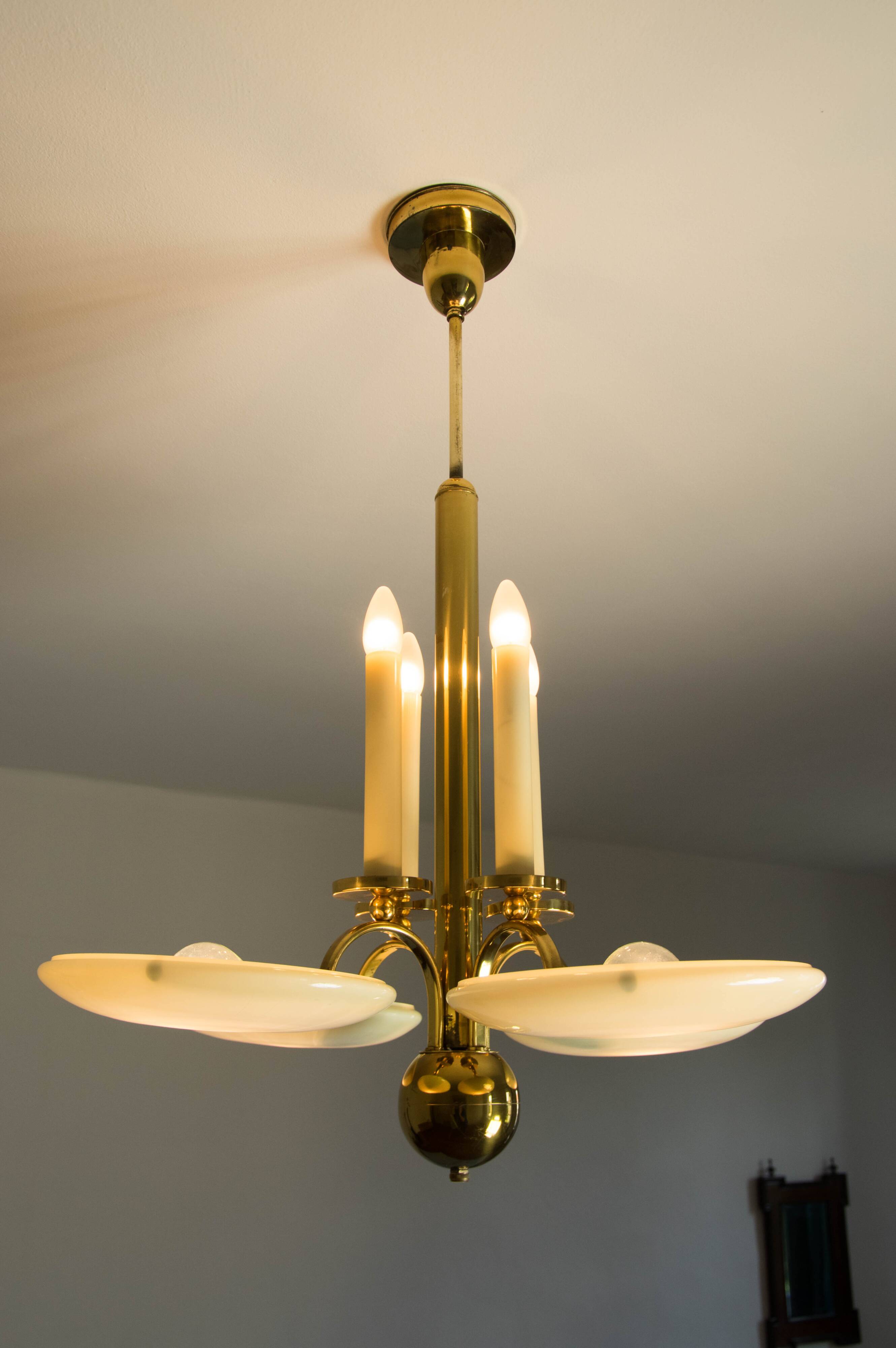 Art Deco Brass and Glass Chandelier, 1930s