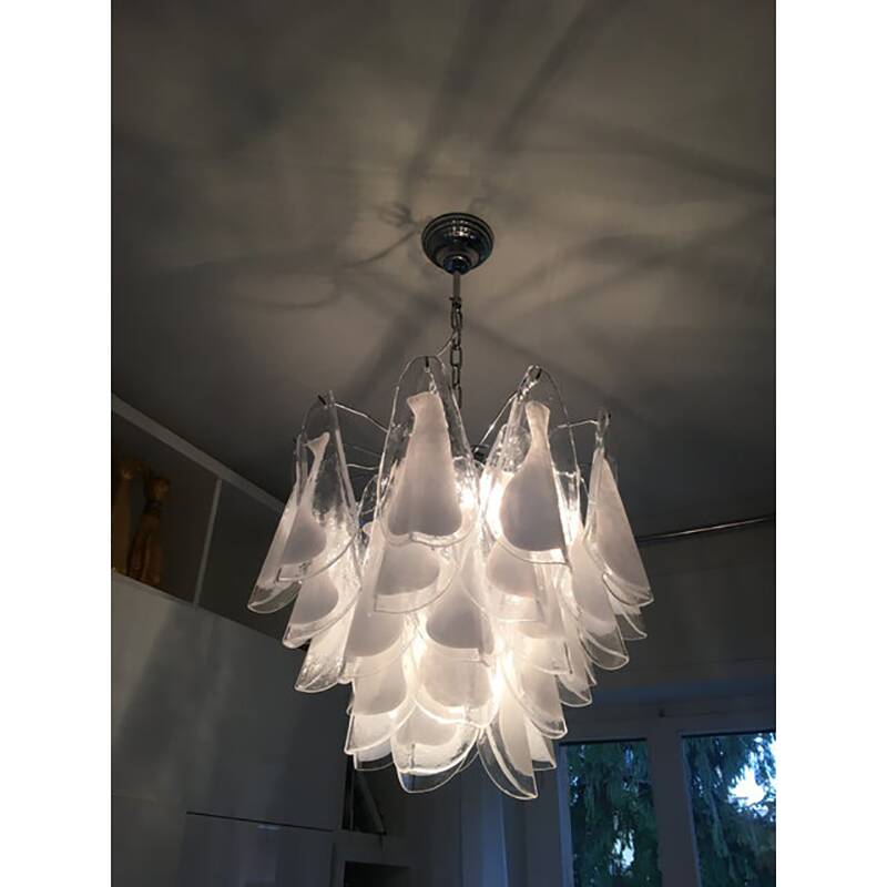 "Rondine" White and Transparent Murano Glass Chrome Frame Sputnik Chandelier