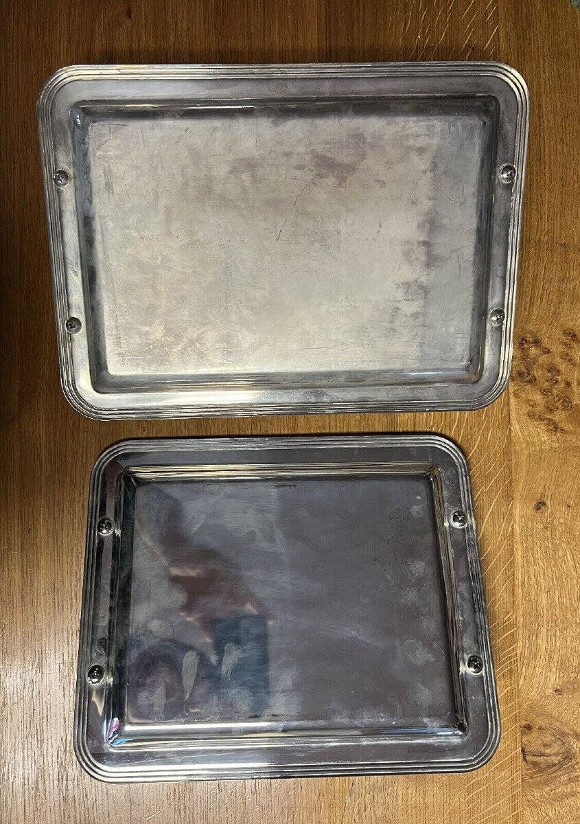 2 silver metal serving trays