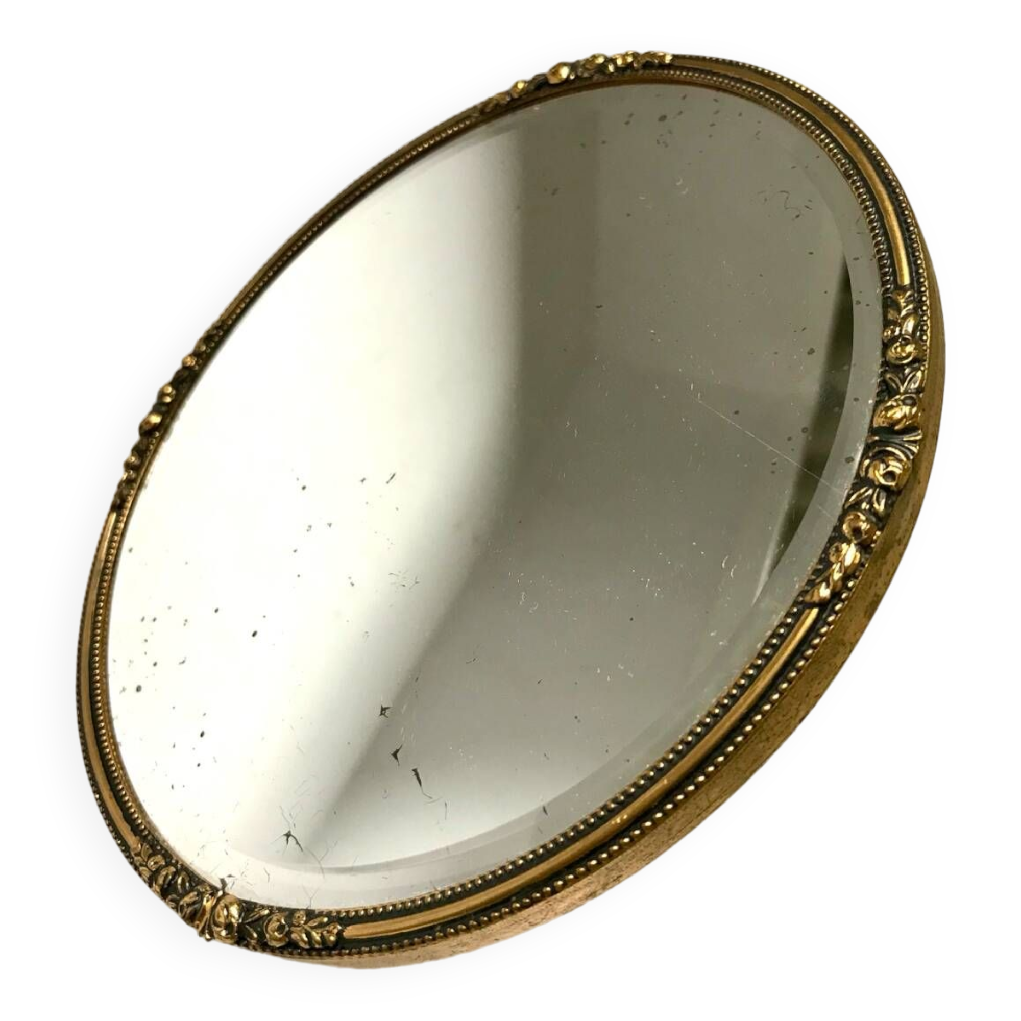 Antique Beveled Mirror with Metal frame Gold colored brass 14 cm diameter