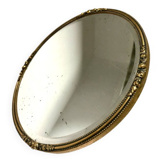 Antique Beveled Mirror with Metal frame Gold colored brass 14 cm diameter