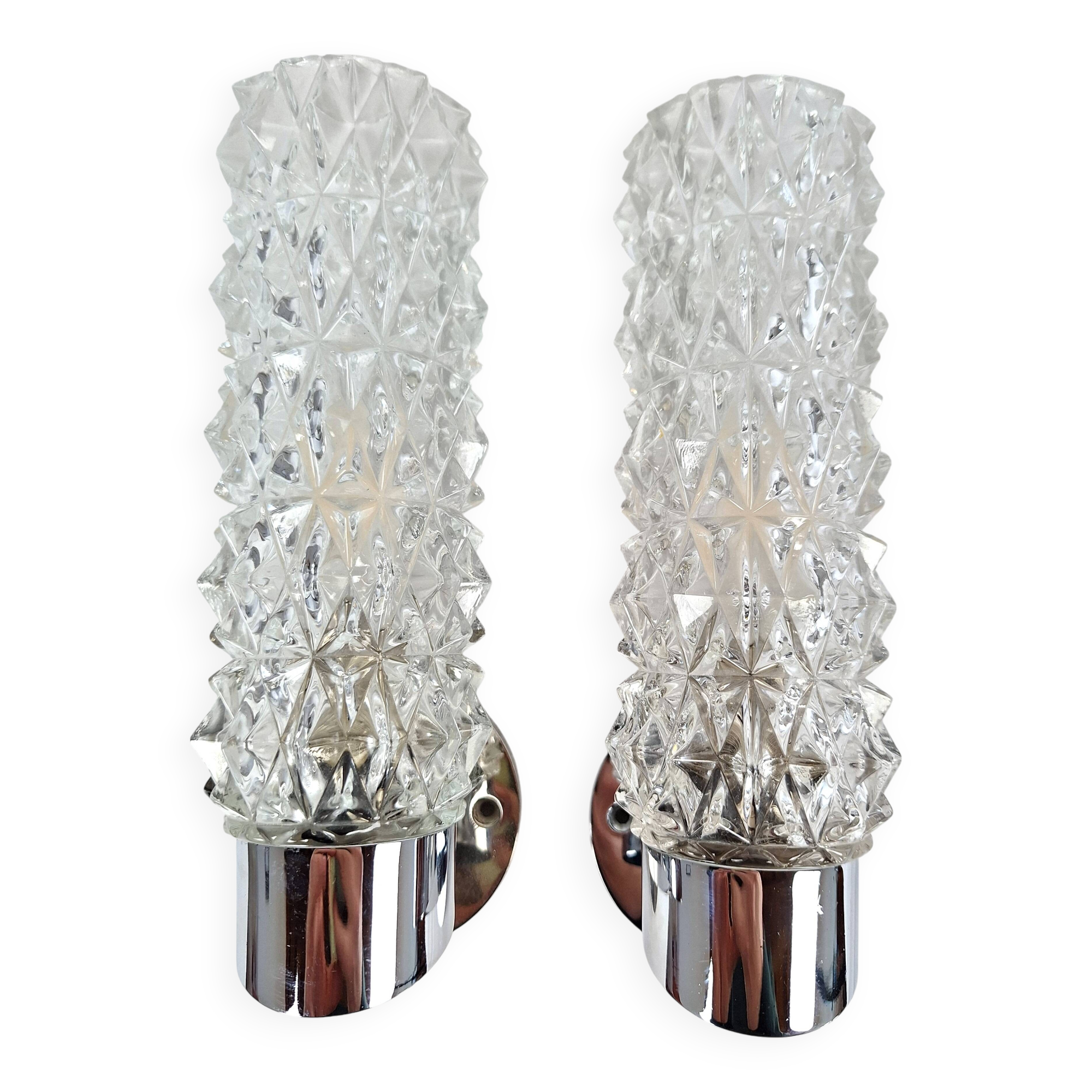 Pair of vintage space age chrome and molded glass wall lights, bedside night light