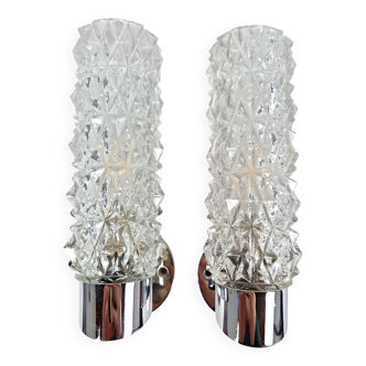 Paire d'appliques chrome et verre moulé vintage space age veilleuse chevet