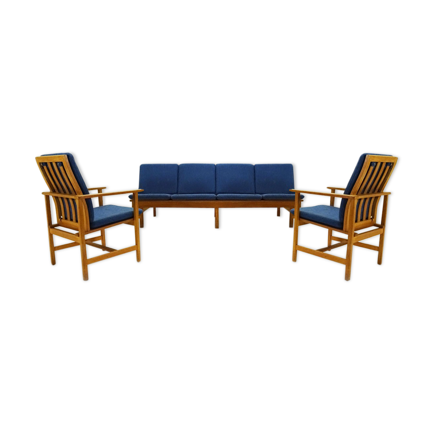 Børge Mogensen 4 seater oak bench sofa and two armchairs
