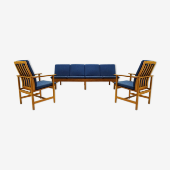 Børge Mogensen 4 seater oak bench sofa and two armchairs