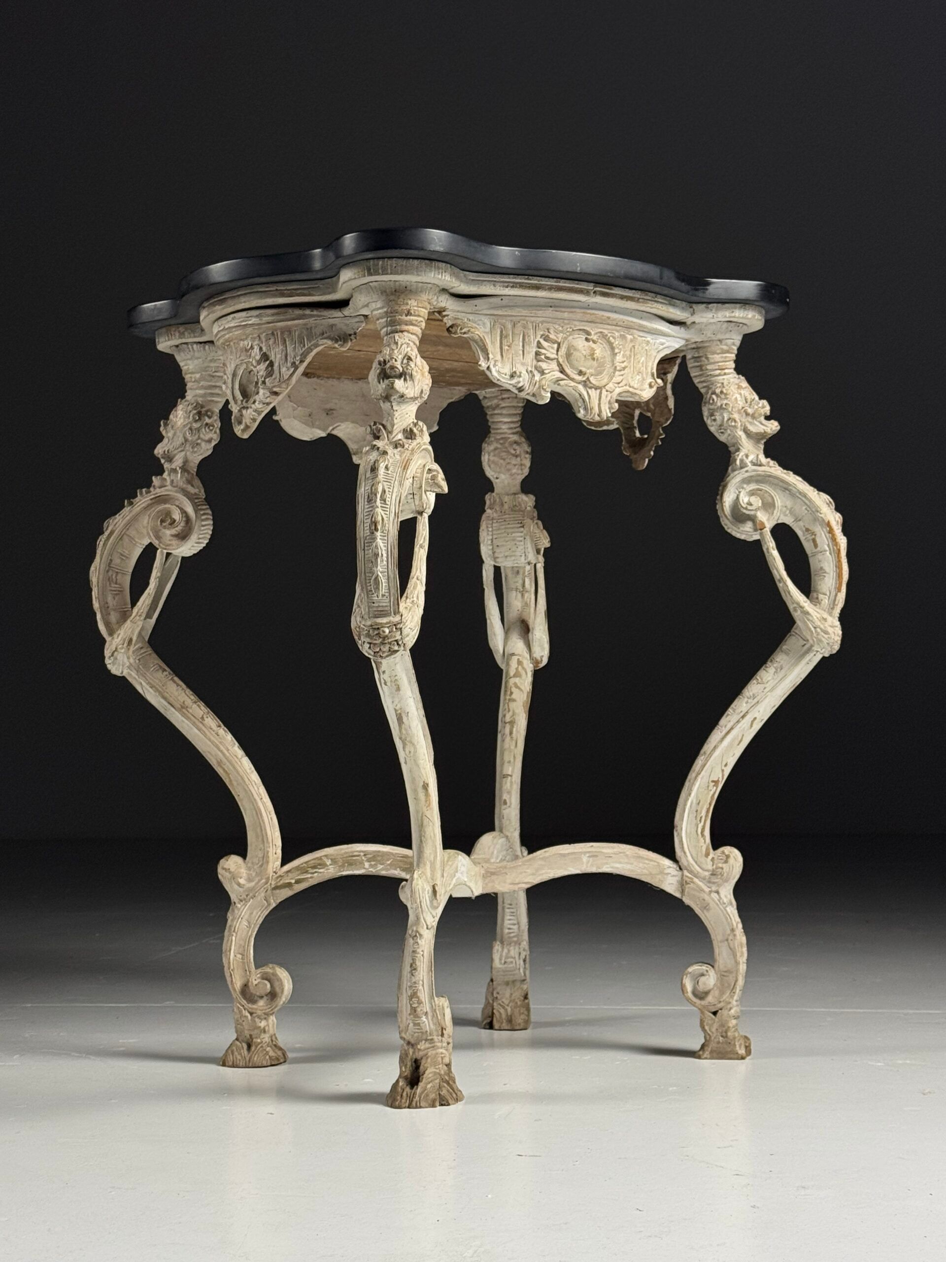 French side table hand-carved wood with marble top