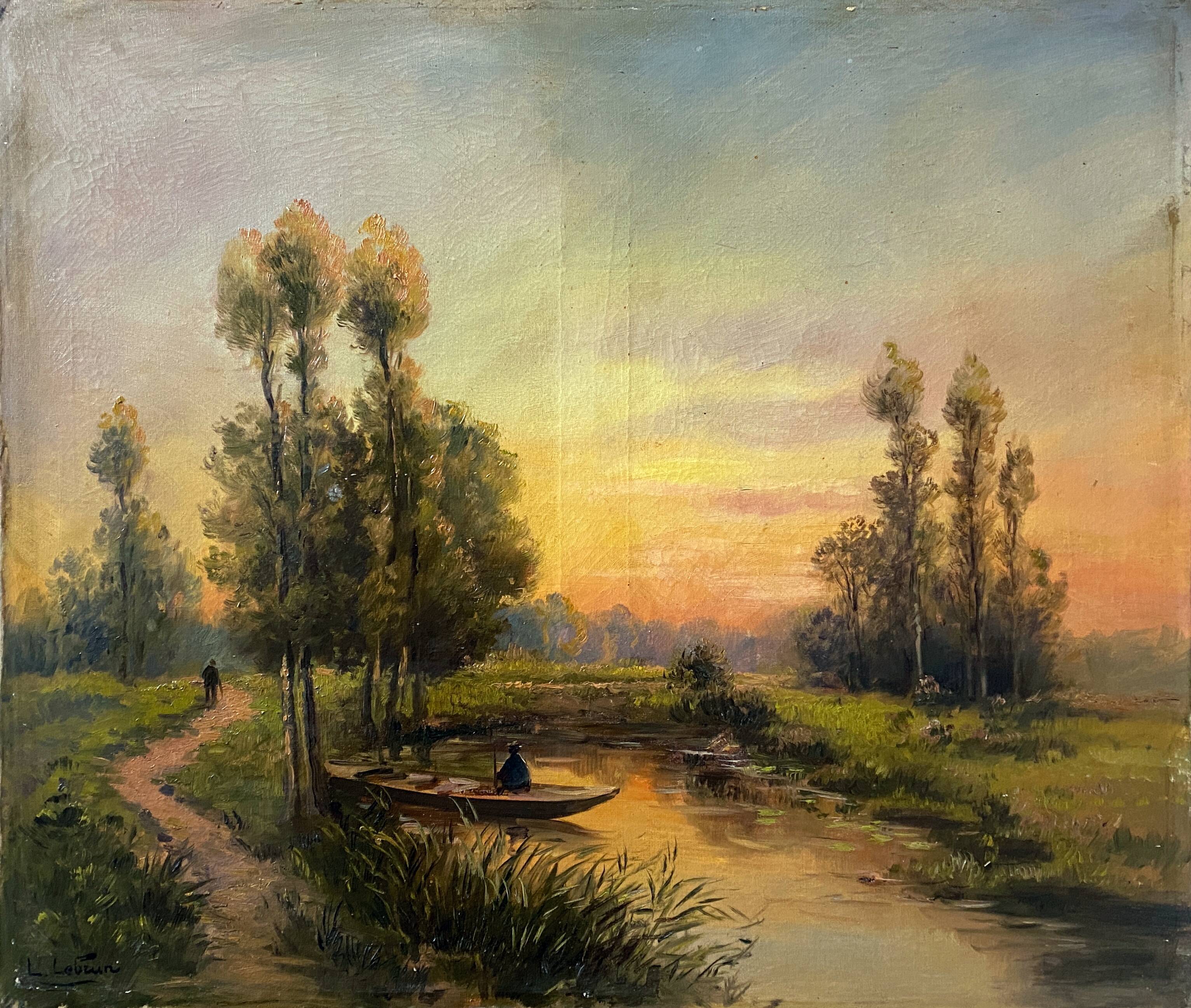 Painting "Landscape with fisherman at sunset" signed L. Lebrun XIX° century