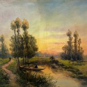 Painting "Landscape with fisherman at sunset" signed L. Lebrun XIX° century