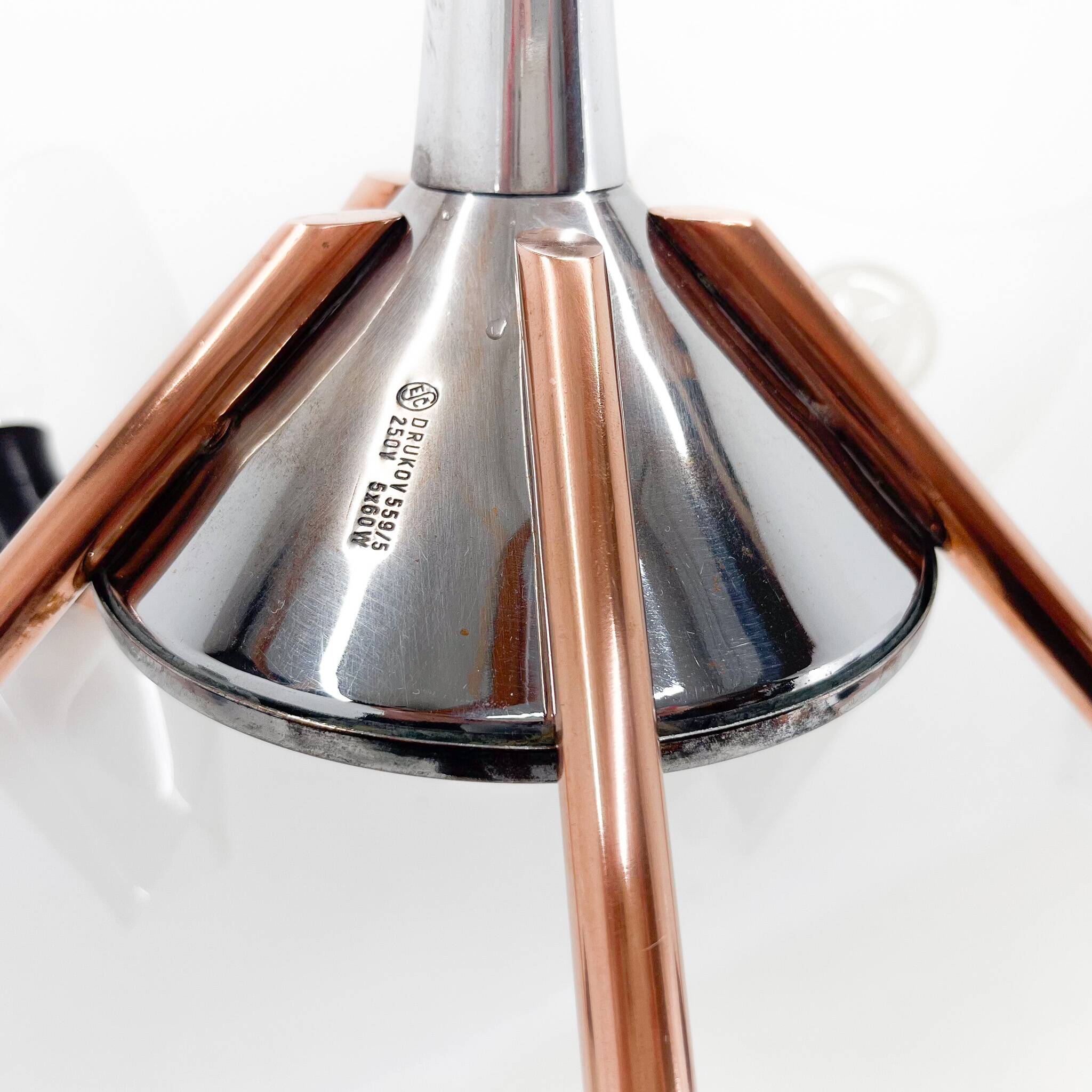 Mid-century chrome, copper & plastic chandelier by drukov, 1970s / 2 pieces avl