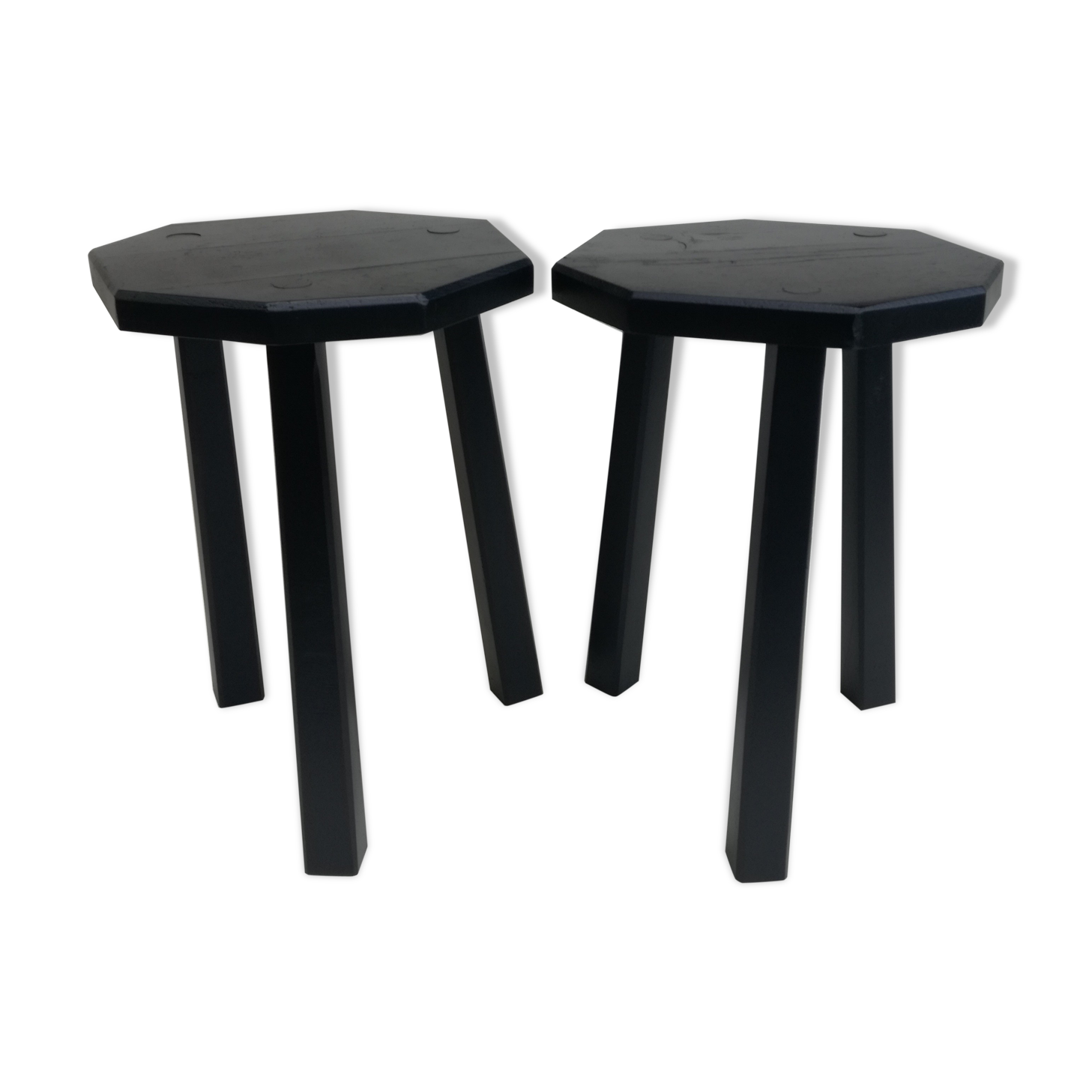 Black brutalist wooden stools, set of 2
