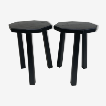Black brutalist wooden stools, set of 2