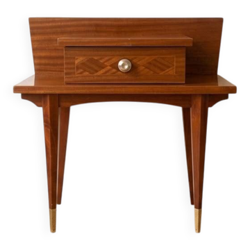 Table de chevet vintage années 60 en bois et marqueterie