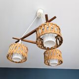 Suspension in teak and rattan, Doria Leuchten from the 1950s.