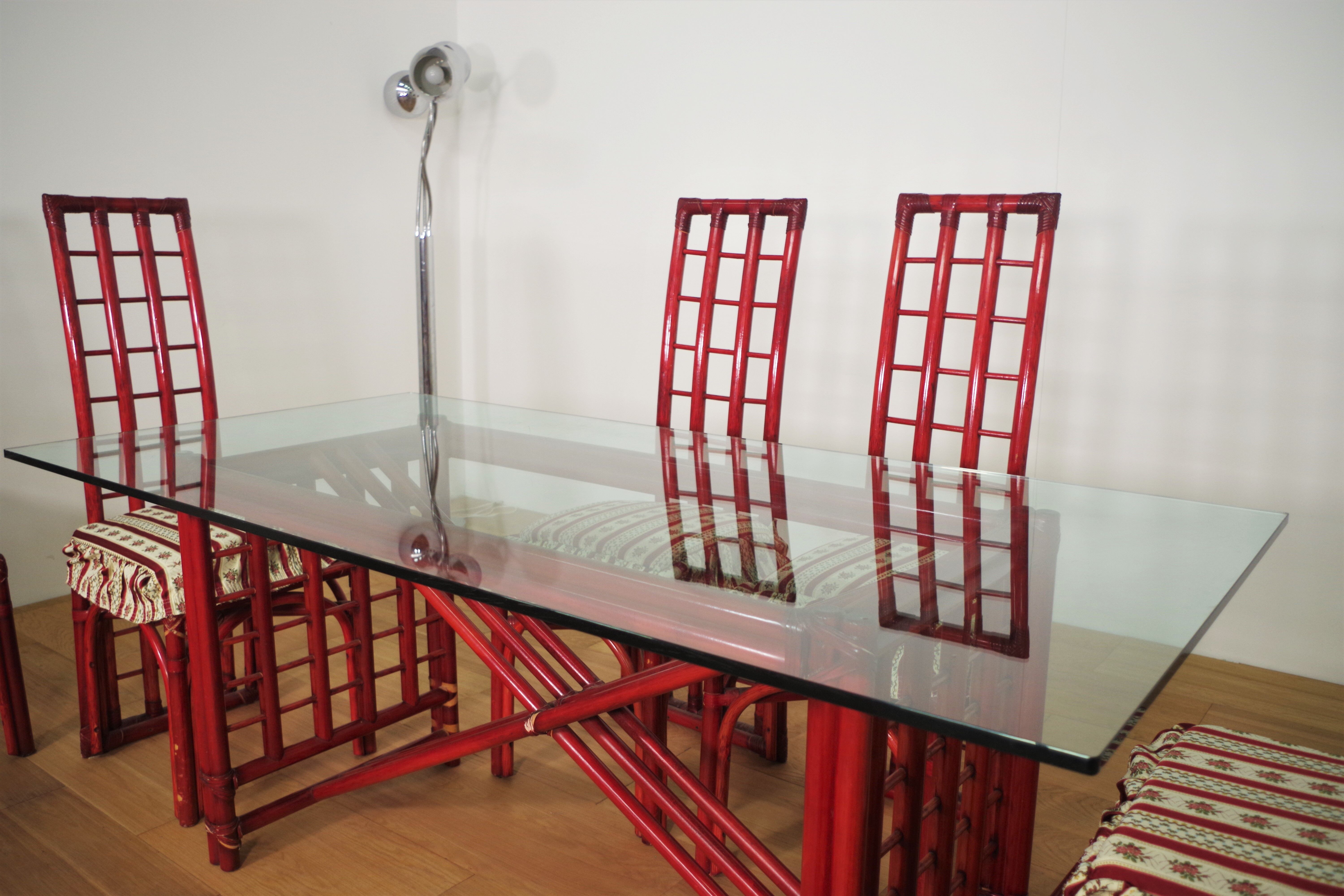 Red bamboo table by Arturo Pozzoli, 1980s, set of 7