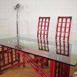 Red bamboo table by Arturo Pozzoli, 1980s, set of 7
