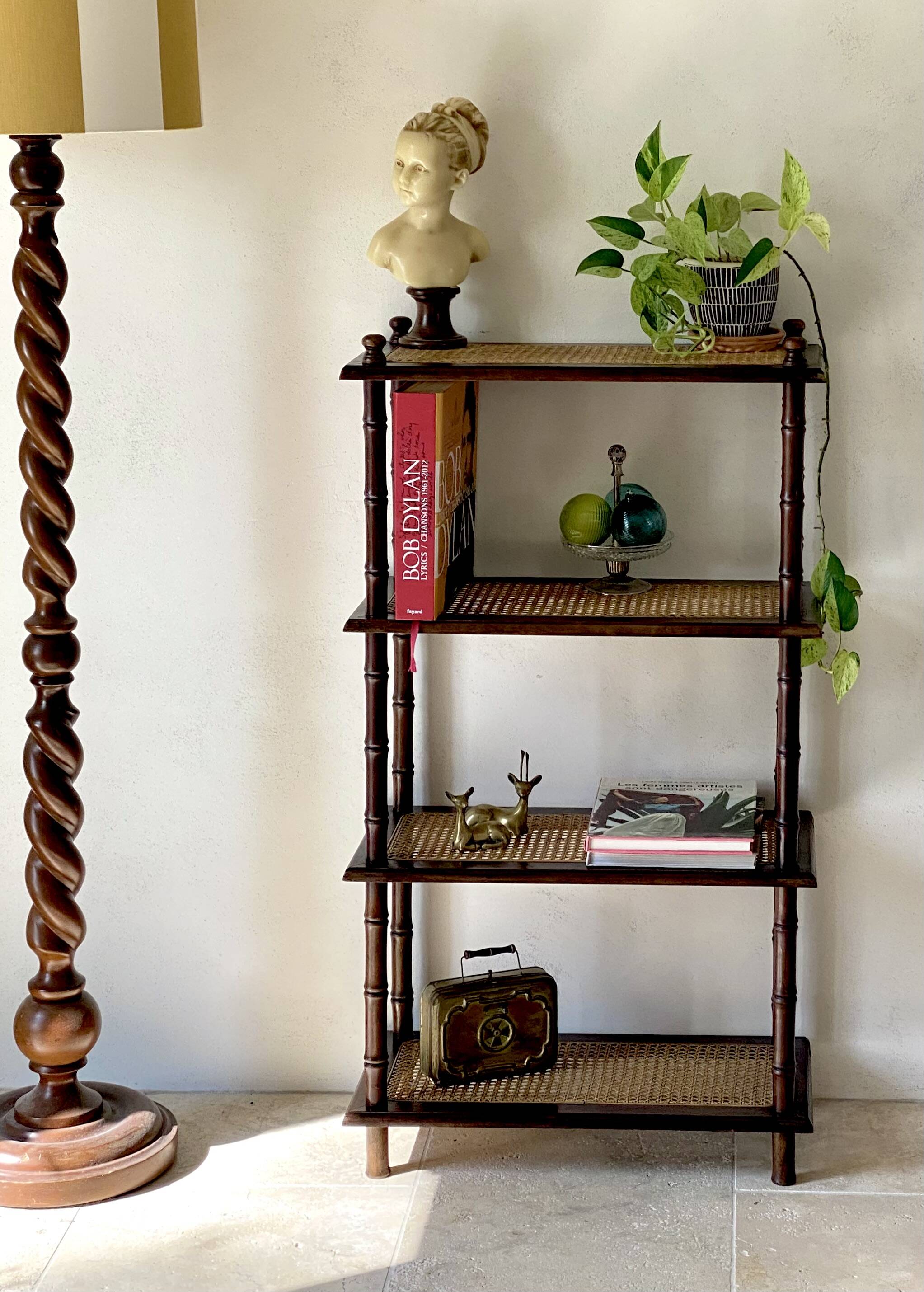Vintage wooden shelf with cane, colonial style, 4 levels.