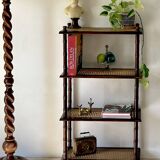 Vintage wooden shelf with cane, colonial style, 4 levels.