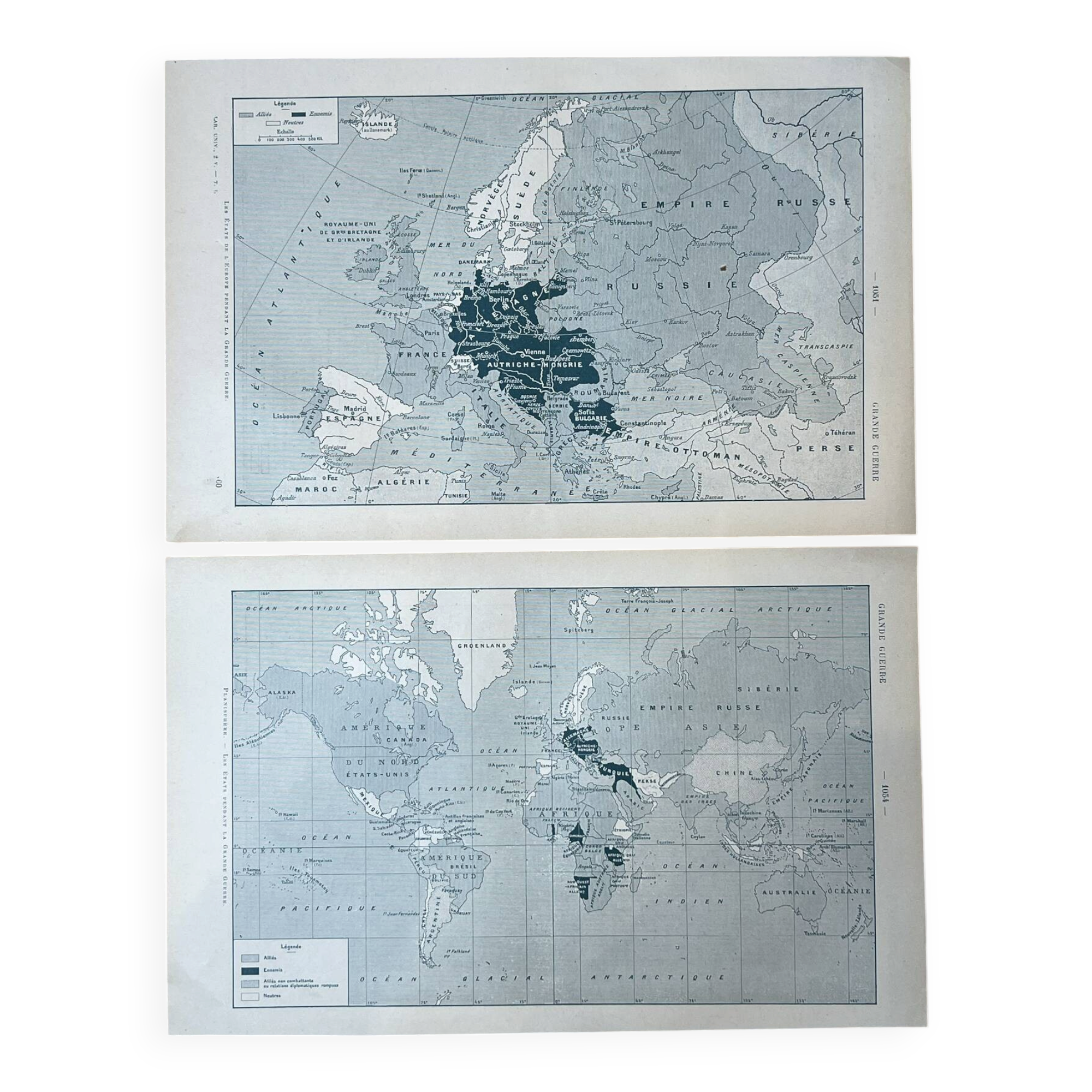 Set of 2 "Great War" maps - Europe and World Map 18x29cm