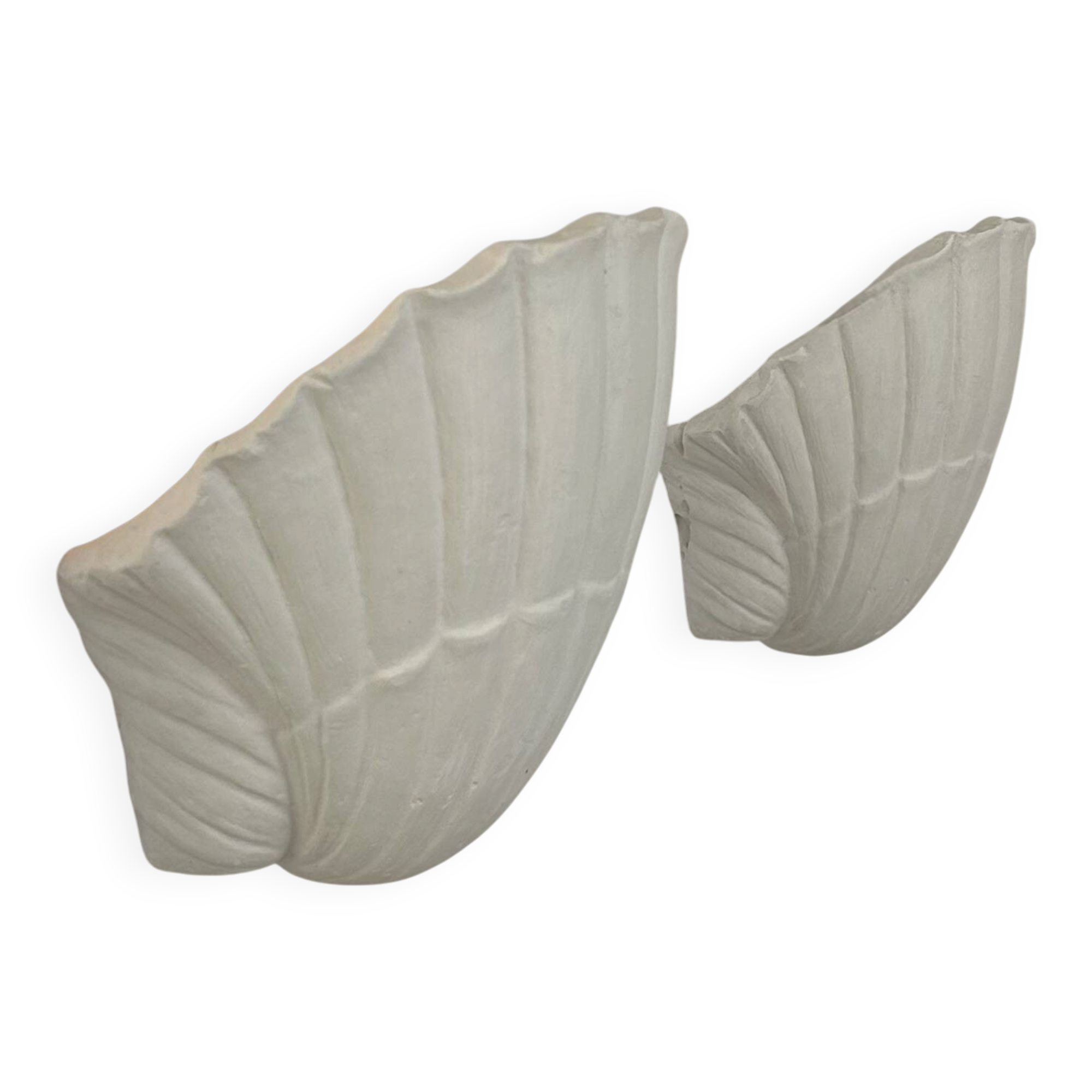 Pair of vintage shell wall lights, matte white plaster, France, 1970.