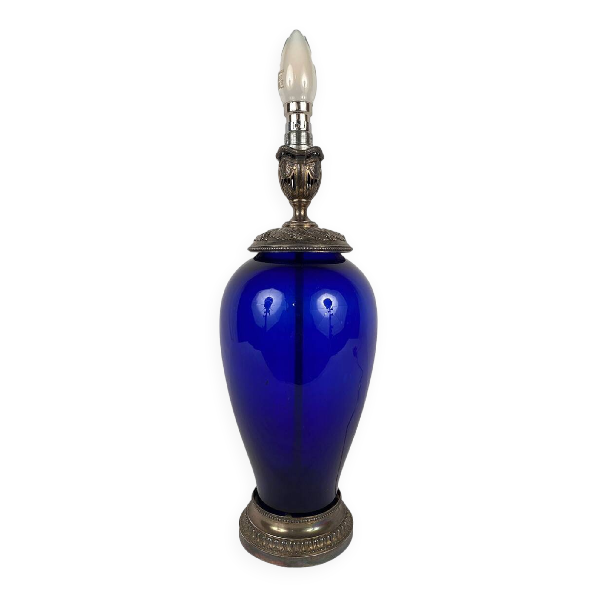 Risler and Carré. Large lamp in blue glass and silver frame, Minerve hallmark