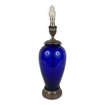 Risler and Carré. Large lamp in blue glass and silver frame, Minerve hallmark