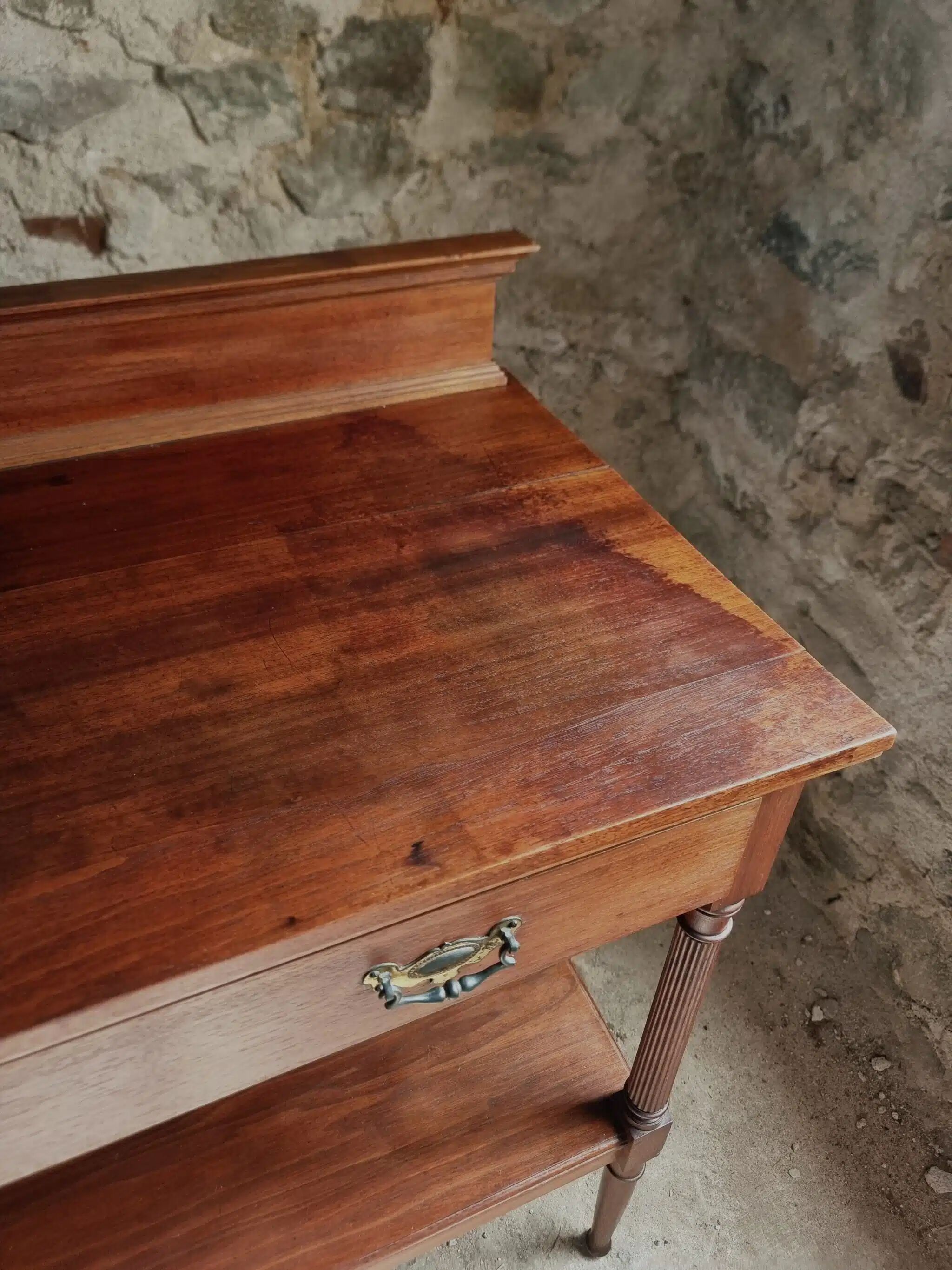 Antique mahogany console with drawer and shelf, French serving table, circa 1900.