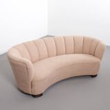 Danish curved banana sofa in a powder pink wool fabric, 1940s